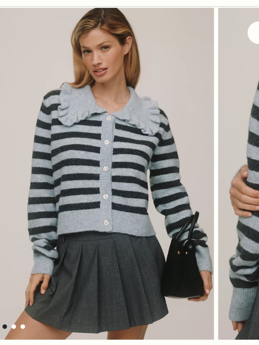 Anthropologie Striped Ruffle-Collar Cardigan in Light Blue and Charcoal